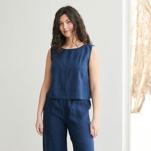 Linenfox Linen Crop Tank Top / Navy Blue / Medium